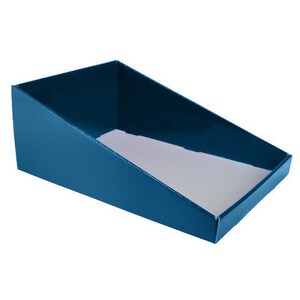 May include: A blue cardboard display stand with a slanted surface. The stand is empty and ready to be filled with products.