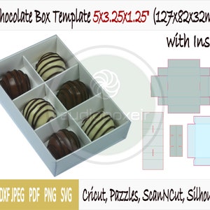Template of box for chocolate with clear lid and 6 section insert (5"x3.25"x1.25")