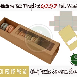 Peut inclure: Un modèle de boîte en carton marron pour l'emballage des macarons. La boîte a une fenêtre transparente pour afficher les macarons. Le modèle est pour une boîte de 15,24 x 6,35 x 6,35 cm. L'image comprend également un schéma de la construction de la boîte.