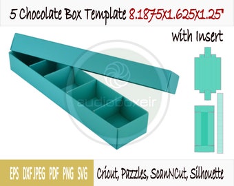 Template of box for chocolate with 5 section insert (8.1875"x1.625"x1.25")