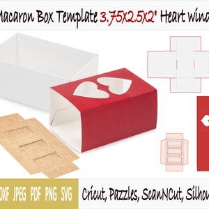Template of box for macaron with sleeve, heart window and 3 section insert (3.75&quot;x2&quot;.5x2&quot;)