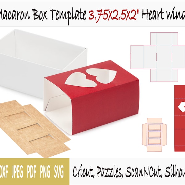 Template of box for macaron with sleeve, heart window and 3 section insert (3.75"x2".5x2")