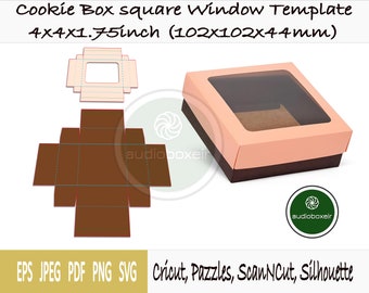 Puede incluir: Una plantilla para una caja de galletas cuadrada con ventana, de 4x4x1,75 pulgadas. La plantilla se muestra en marrón con una línea punteada azul claro para cortar. La caja terminada se muestra en rosa con una ventana transparente y una base marrón.