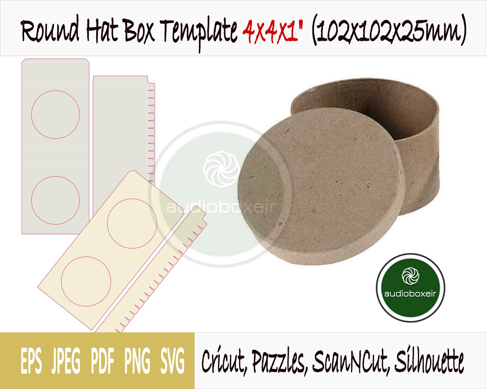 Round Hat Box Template 4x4x1 102x102x25mm PDF SVG Eps Etsy