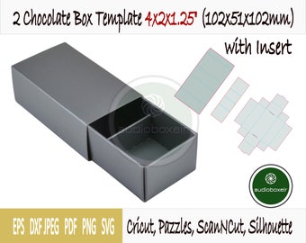 May include: A grey, 4x2x1.25 inch chocolate box template with an insert. The template is for a box with a sliding lid. The template is labelled with the dimensions in inches and millimetres. The template is also labelled with the text "with insert".