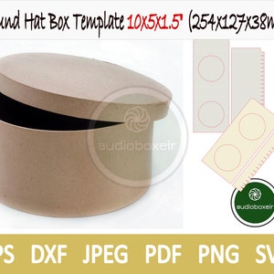 Puede incluir: Una plantilla de caja redonda de cartón marrón para sombrero con tapa. La plantilla tiene 25,4 cm de diámetro, 12,7 cm de altura y 3,8 cm de profundidad. La plantilla incluye una regla y círculos para cortar la caja.