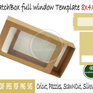 May include: A brown cardboard box with a clear window, designed for packaging small items. The box is 8 inches long, 4 inches wide, and 2 inches tall. The template includes a cut-out line for the window and fold lines for assembly. The template is compatible with Cricut, Pazzles, ScanNCut, and Silhouette cutting machines.