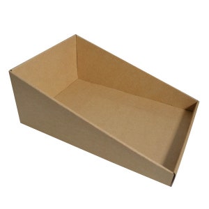 May include: A brown cardboard display tray with angled sides. The tray is empty and ready to be filled with products.