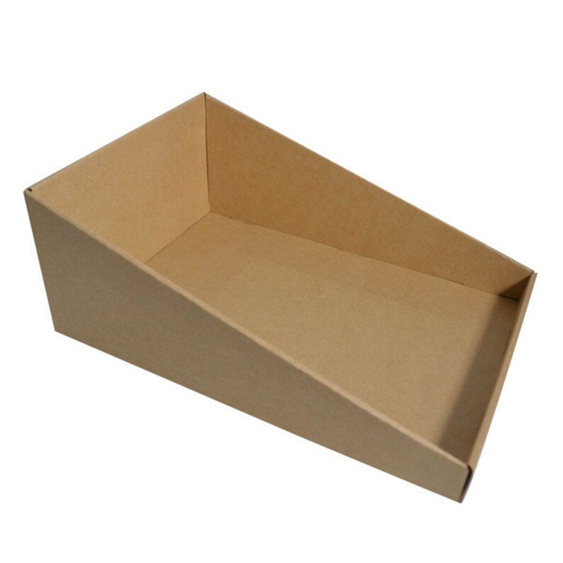 May include: A brown cardboard display tray with angled sides. The tray is empty and ready to be filled with products.