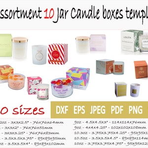 Può includere: Assortimento di 10 modelli di scatole per candele in barattolo di diverse dimensioni e colori. I modelli sono per barattoli che vanno da 2,82 once a 10 once. L'immagine include il testo "Assortimento 10 modelli di scatole per candele in barattolo" e "10 dimensioni DXF EPS JPEG PDF PNG SVG".