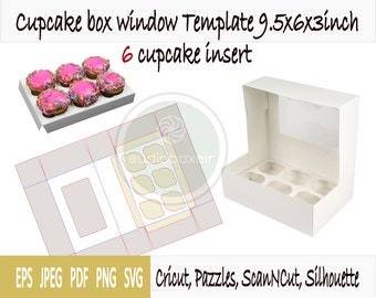 Template of box for cupcake with window and 6 holes insert (9.5"x6"x3")