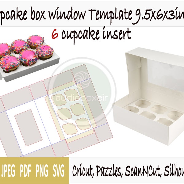 Gabarit de boîte à cupcakes avec fenêtre et insert 6 trous (9,5 x 6 po. x 3 po.)