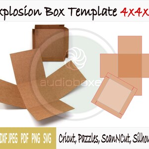 May include: A brown cardboard explosion box template for crafting. The template is designed to create a 4x4x3 inch box. The image shows the box unfolded and folded, with instructions for cutting and assembling the box.