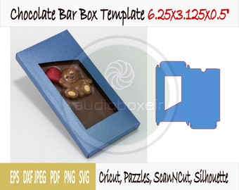 May include: A blue chocolate bar box template with a window to display the chocolate bar. The template is 6.25 inches by 3.125 inches by 0.5 inches. The template is designed for use with a Cricut, Pazzles, ScanNCut, or Silhouette cutting machine.