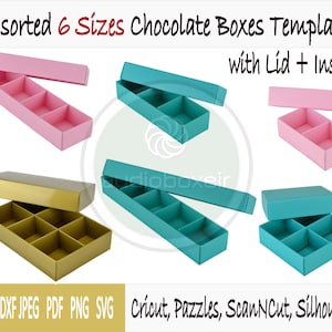 Templates of 6 sizes of box with lid + insert for chocolates