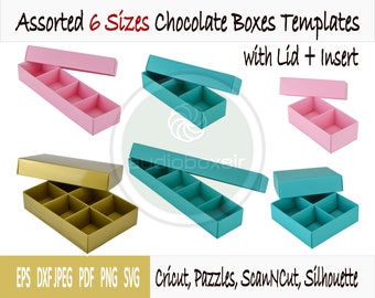 Templates of 6 sizes of box with lid + insert for chocolates