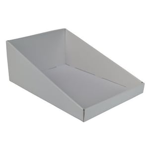 May include: A white cardboard display stand with a slanted front and a flat base. The stand is designed to hold products or merchandise.