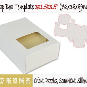 May include: A white soap box template with a window to show the soap inside. The template is 3 inches by 1.5 inches by 3.5 inches and is also 76 mm by 38 mm by 89 mm. The template is for use with Cricut, Pazzles, ScanNCut, and Silhouette.