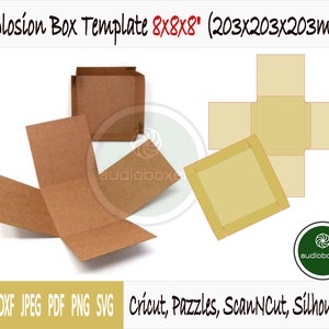 May include: A brown cardboard explosion box template for crafting. The template is designed to be cut out and folded into a 3D box with six sides. The template is labeled with the dimensions 8x8x8 inches (203x203x203 mm).