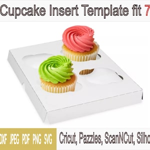 May include: White cardboard cupcake insert template for a 7x7 inch box. The template has four circles cut out for cupcakes. Two cupcakes are shown in the template, one with pink frosting and one with green frosting.