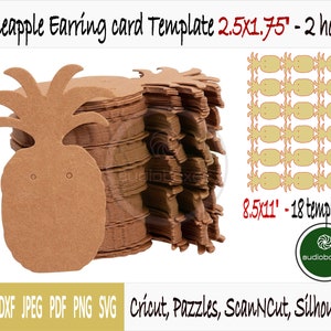 May include: A stack of 18 brown cardstock pineapple earring templates, each measuring 2.5 inches by 1.75 inches. The templates have two holes for earring posts and are designed for use with a Cricut, Pazzles, ScanNCut, or Silhouette cutting machine.