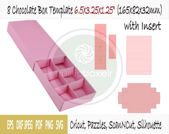 Template of box for chocolate with sleeve and 8 section insert (6.5"x3.25"x1.25")