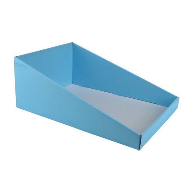 May include: A light blue cardboard display stand with a slanted front and a white interior.