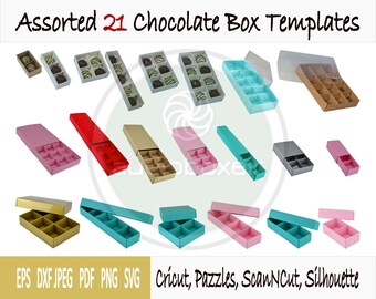 Template of box for chocolate with lid or sleeve and insert - 21 sizes