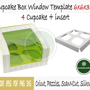 May include: A green and white striped cupcake box with a clear window. The box is 6 inches by 6 inches by 3.5 inches and holds 4 cupcakes. The box comes with a white insert for the cupcakes. The text on the image reads "Cupcake Box Window Template 6x6x3.5" and "4 Cupcake + insert".