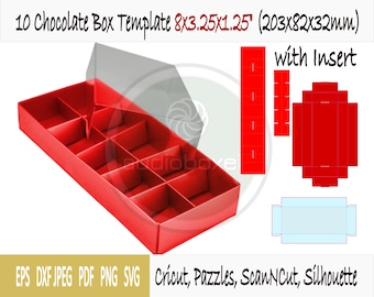 Plantilla de caja para chocolate con tapa transparente y compartimento de 10 compartimentos (8" x 3,25" x 1,25")