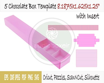 May include: A pink 5-piece chocolate box template with a separate insert. The box measures 8.1875 inches by 1.625 inches by 1.25 inches. The template is designed for use with Cricut, Pazzles, ScanNCut, and Silhouette cutting machines.