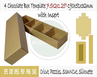 May include: A brown cardboard box template with a divider insert for packaging chocolates. The template is designed for a box measuring 7.5 inches by 2 inches by 1.25 inches, or 190 mm by 51 mm by 32 mm. The image includes the text "4 Chocolate Box Template 7.5x2x1.25"-190x51x32mm with Insert" and "EPS DXF JPEG PDF PNG SVG Cricut, Pazzles, ScanNCut, Silhouette".