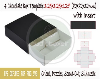 Template of box for chocolate with sleeve and 4 section insert (3.25"x3.25"x1.25")