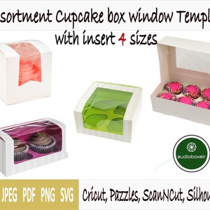 Plantillas de cajas para cupcakes con ventana y tapa - 4 tamaños