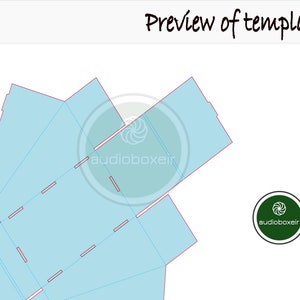 May include: A light blue box template with fold lines and tabs. The template is designed to be folded into a box with a triangular shape. The template is labeled with the text "audioboxelt" in a circle.