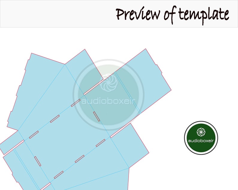May include: A light blue box template with fold lines and tabs. The template is designed to be folded into a box with a triangular shape. The template is labeled with the text "audioboxelt" in a circle.
