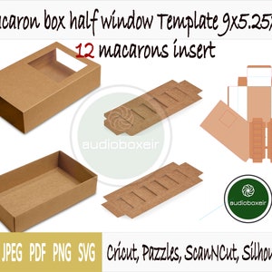 May include: A template for a brown cardboard box with a half window opening. The box is 9 inches long, 5.25 inches wide, and 2 inches tall. The template includes an insert for 12 macarons. The text "Macaron box half window Template 9x5.25x2" and "12 macarons insert" is visible on the image. The image also includes the text "EPS JPEG PDF PNG SVG Cricut, Pazzles, ScanNCut, Silhouette".