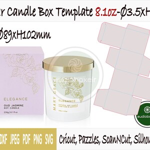 Può includere: Un modello stampabile per una scatola di candele, con un design per un barattolo di candele con un coperchio dorato e un'etichetta che dice "Mary Grace Elegance Oud Jasmine Soy Candle 230g | 8.1 fl oz". Il modello è per una scatola da 8,1 once e 3,5 pollici di altezza. Il modello è anche disponibile in 89 mm per 102 mm.