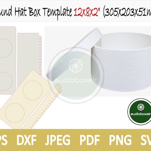 May include: A white round hat box template with a lid. The template is labeled "Round Hat Box Template 12x8x2" (305x203x51mm). The template is for a hat box that is 12 inches in diameter and 8 inches tall.