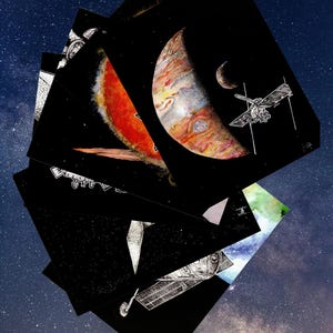 May include: A collection of square art prints featuring space themes, including a vibrant orange and red planet, a textured crescent planet, and detailed black and white illustrations of satellites and spacecraft against deep black backgrounds.