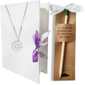 Cofanetto Regalo per le Maestre, collana in argento 925 Grazie Maestra e Matita con semi piantabili, idea regalo fine anno per le maestre
