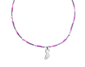 Collana con perline colorate in vetro Toho e ciondolo gattino in argento 925, collana moda donna