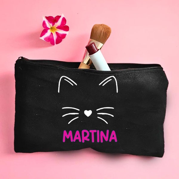 Pochette in tela colore nero con gattino stilizzata personalizzata con nome, astuccio trucchi, matite, smartphone, idea regalo