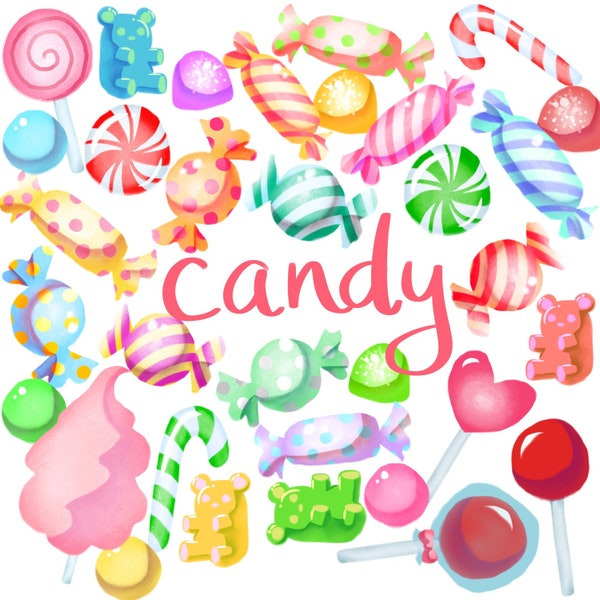 Watercolor Candy Clipart | Candies, Lollipop, Candy Clipart, Sweets, Dessert, Printable, Digital Instant Download PNG Files, Cute Clipart