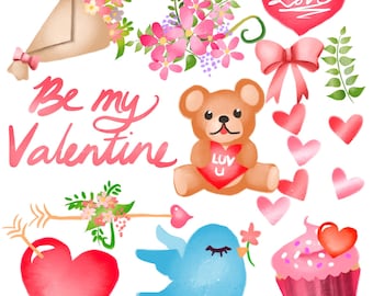 Watercolor Valentine's Day Clipart | Digital Instant Download PNG Files, Love Clip Art, Valentine's Printables, Romantic, Scrapbooking