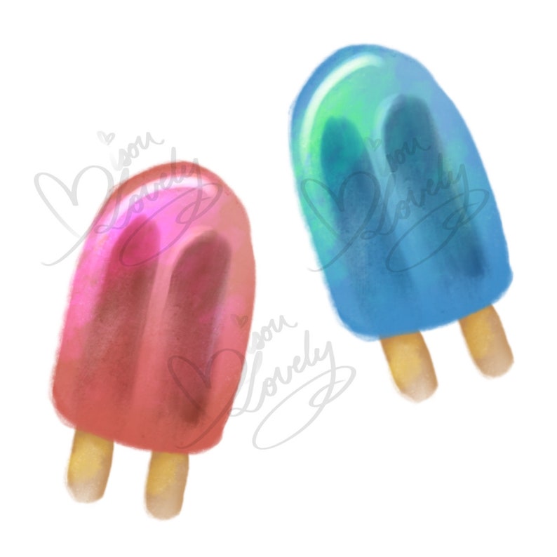 May include: Two popsicles on sticks, one is pink and the other is blue.