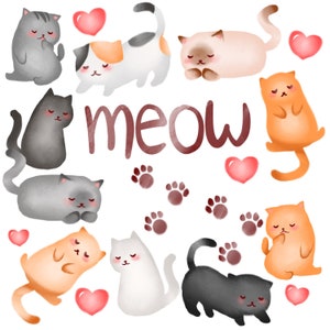 Cats Clipart | Kitten Clipart, Cats Clipart, Cat Clip Art, Pet Clipart, Printable, Digital Instant Download PNG Files, Meow, Watercolor