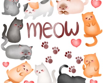 Cats Clipart | Kitten Clipart, Cats Clipart, Cat Clip Art, Pet Clipart, Printable, Digital Instant Download PNG Files, Meow, Watercolor