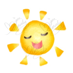 May include: A yellow sun with a smiling face and closed eyes. The sun has a red tongue sticking out. The sun is surrounded by yellow rays.