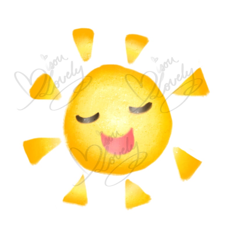 May include: A yellow sun with a smiling face and closed eyes. The sun has a red tongue sticking out. The sun is surrounded by yellow rays.